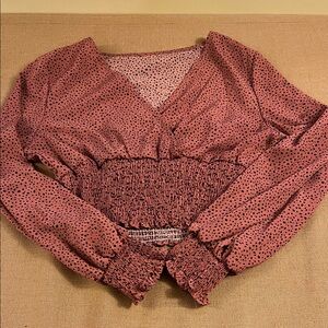 Smocked Waist Long-Sleeve V-Neck Top in Dusty Rose Dot